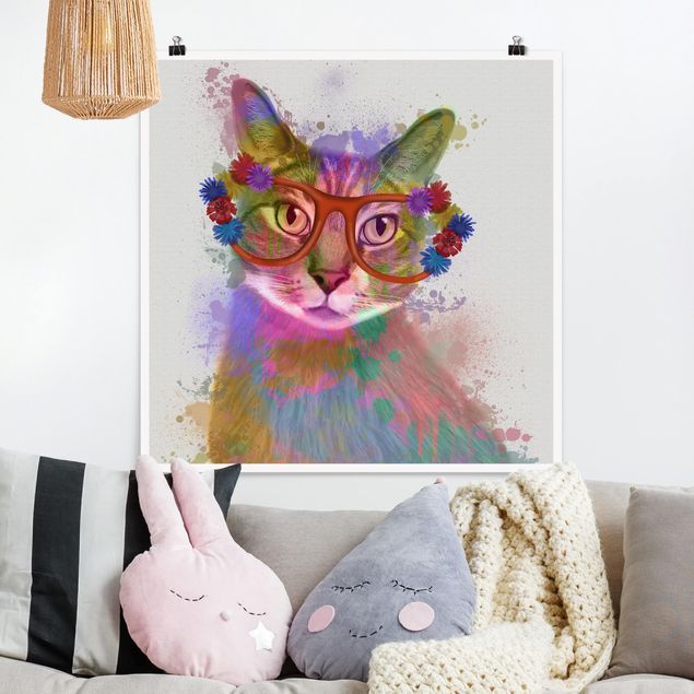 Poster cameretta bambini animali Gatto con schizzi arcobaleno