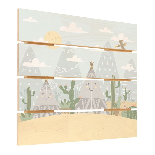 Stampa su legno - Tepee con cactus - Quadrato 1:1