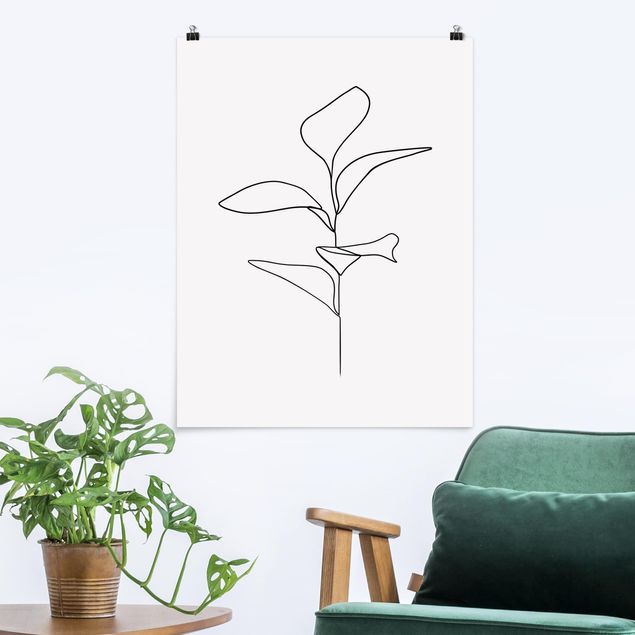 Poster - Line Art foglie delle piante Bianco e nero - Verticale 4:3
