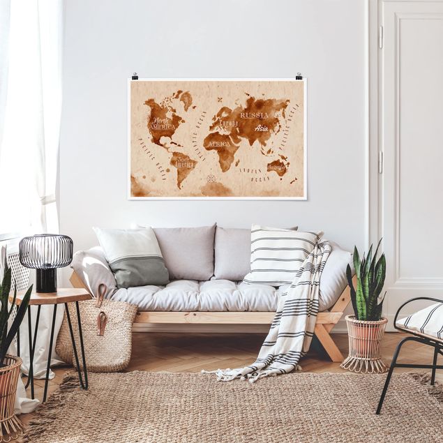 Poster acquerello Mappa del mondo Acquerello Beige Marrone