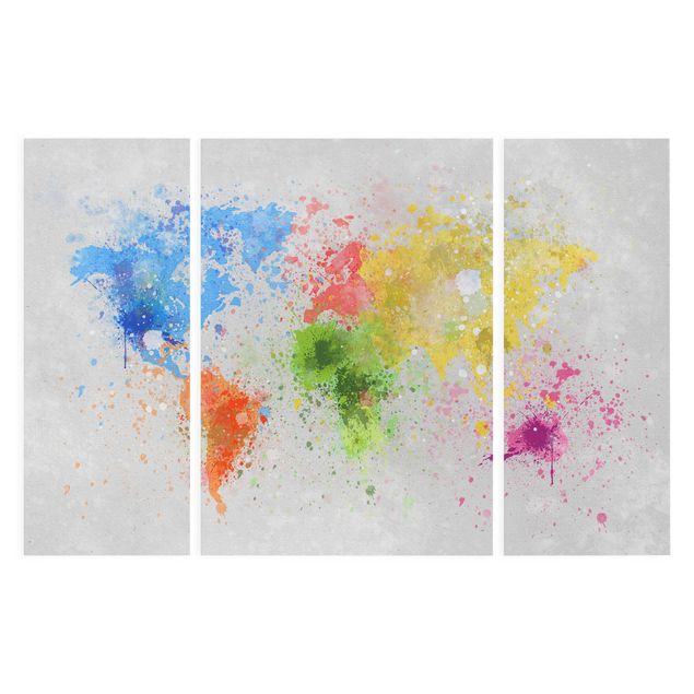 Stampa su tela 3 parti - Colorful splashes world map - Trittico