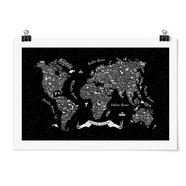 Poster - Tipografia Mappa del mondo nero - Orizzontale 2:3