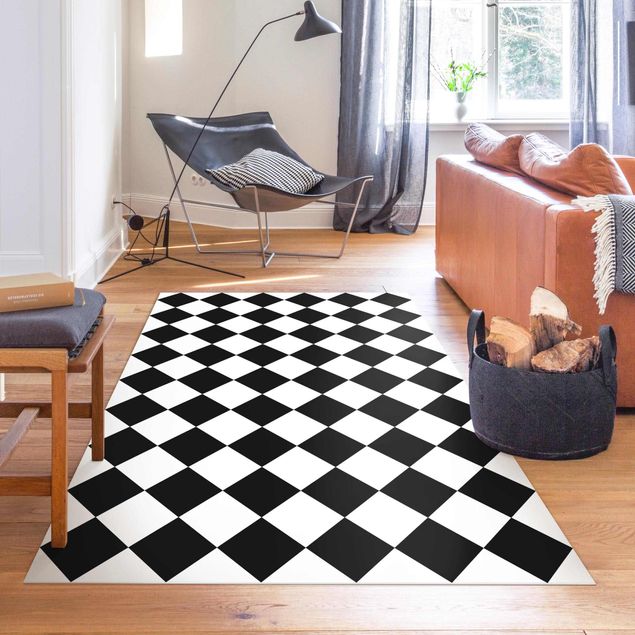 Tappeti moderni Motivo geometrico scacchiera ruotata bianco e nero