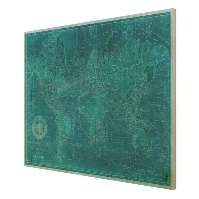 Stampa su legno - Vintage Mappa del mondo Azure - Orizzontale 3:4
