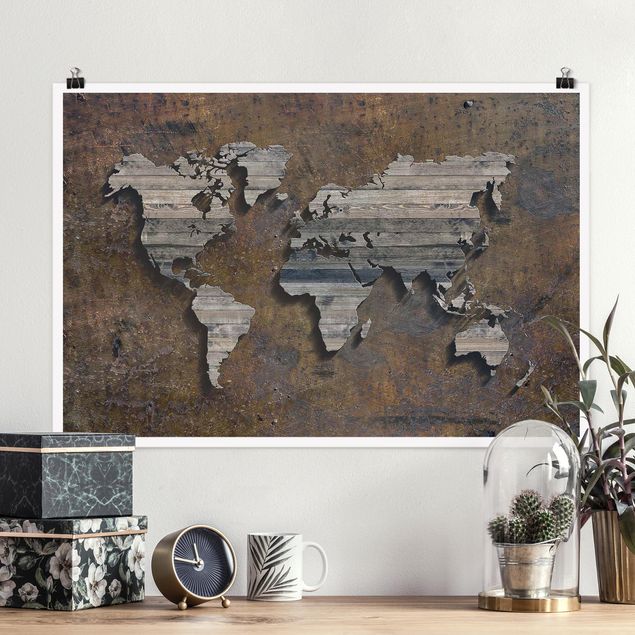 Poster - Mappa del mondo di legno Griglia - Orizzontale 2:3
