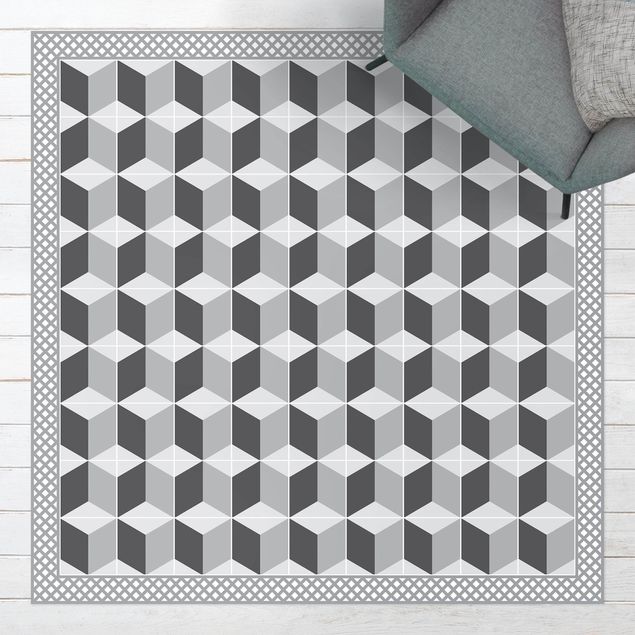Tappeto per terrazzo esterno Piastrelle geometriche Illusione di scale in grigio con bordo
