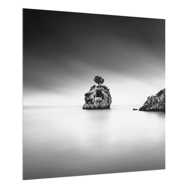 Paraschizzi in vetro - Isola rocciosa nel mare in bianco e nero - Quadrato 1:1