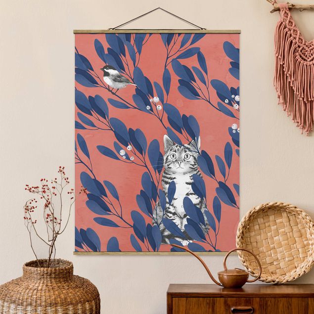 stampe animali Illustrazione - Gatto e uccello su ramo blu rosso