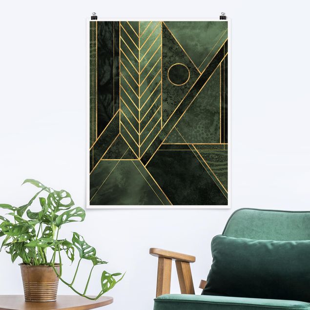 Poster - Forme geometriche oro verde smeraldo - Verticale 4:3