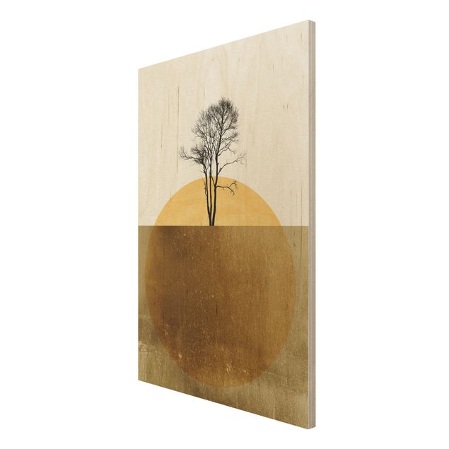 Stampa su legno - Sole dorato con albero - Verticale 3:2