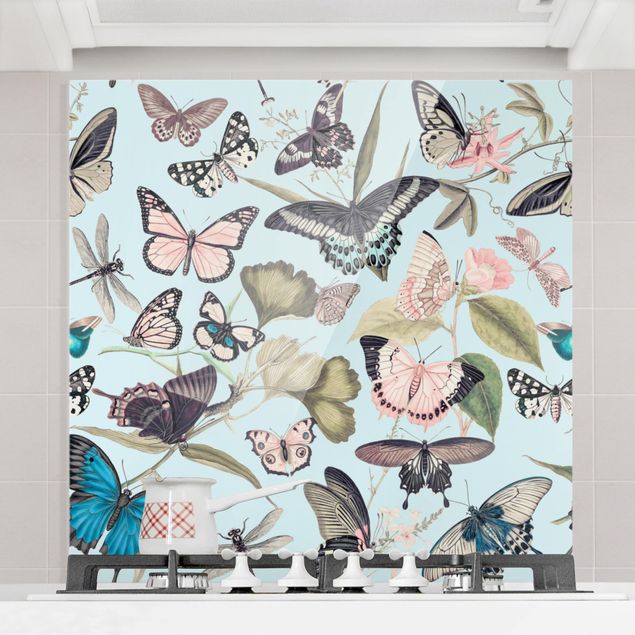 paraschizzi cucina vetro magnetico Collage vintage - Farfalle e libellule