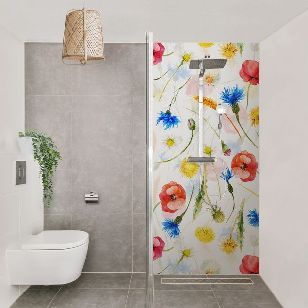 Rivestimenti per doccia alluminio dibond Acquerello di fiori selvatici con papaveri
