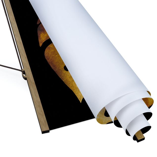 Quadro su tessuto con stecche per poster - Gold - Monstera On Black - Quadrato 1:1