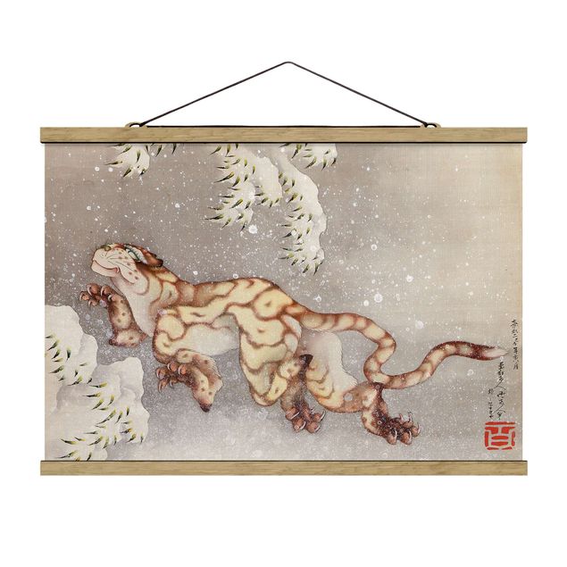 Foto su tessuto da parete con bastone - Katsushika Hokusai - Tiger in tempesta di neve - Orizzontale 2:3