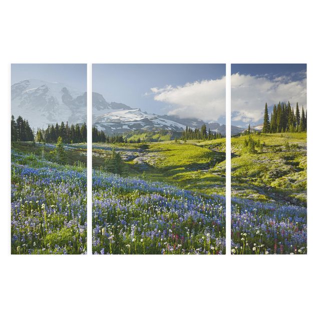 Quadri moderni per soggiorno Prato di montagna con fiori blu davanti al monte Rainier