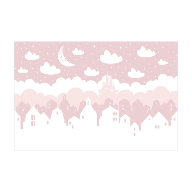 Tappeti bagno grandi Cielo stellato con case e luna in rosa
