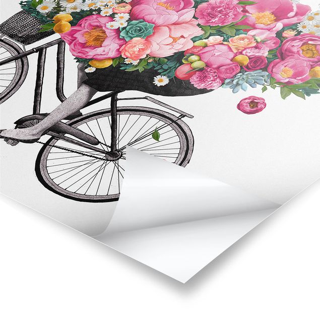 Poster - Illustrazione Donna in bicicletta Collage fiori variopinti - Orizzontale 3:4