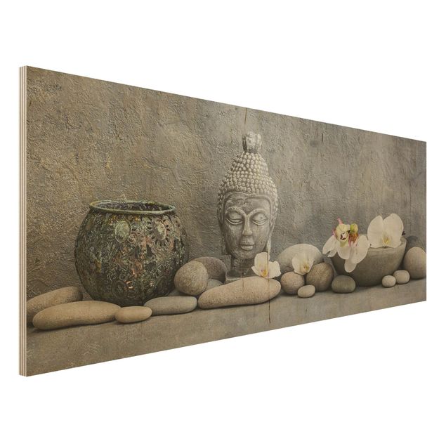 Stampa su legno - Zen Buddha con orchidee bianche - Panoramico
