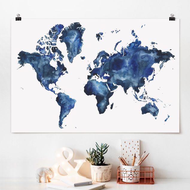 Poster acquerello Mappa del mondo dell'acqua chiara