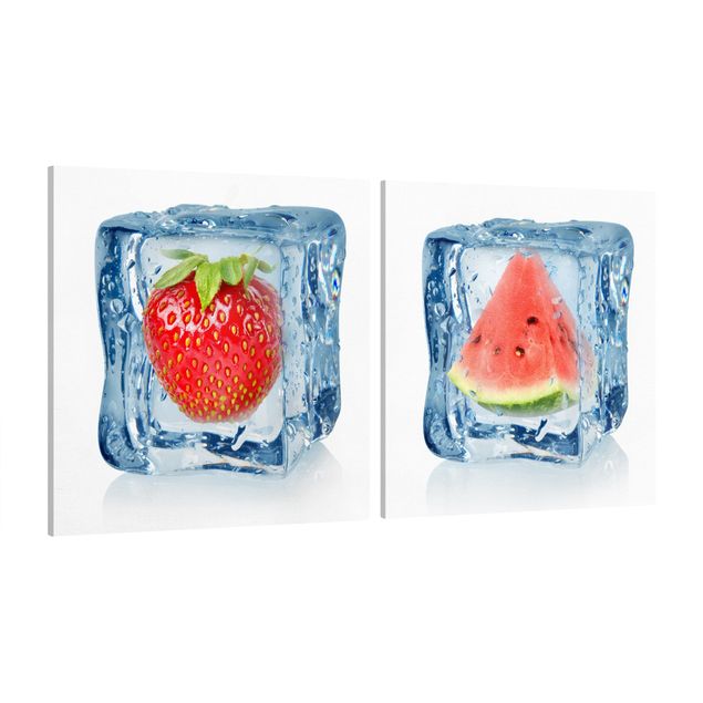 Stampa su tela 2 parti - Strawberry and melon in the ice cube - Quadrato 1:1