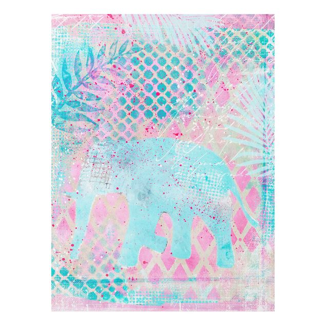 Stampa su Forex - Colorato collage - Elefante in blu e rosa - Verticale 4:3