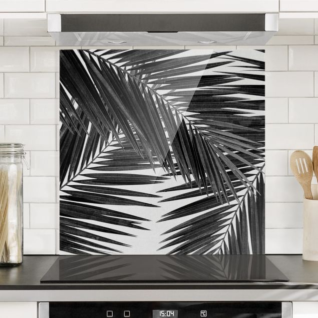 paraschizzi in vetro magnetico Vista sulle foglie di palma in bianco e nero