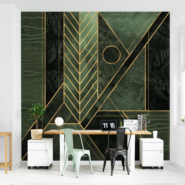 Carta da parati - Forme geometriche oro verde smeraldo- Formato quadrato