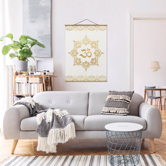 Foto su tessuto da parete con bastone - Mandala Om Illustrazione ornamento oro bianco - Verticale 4:3