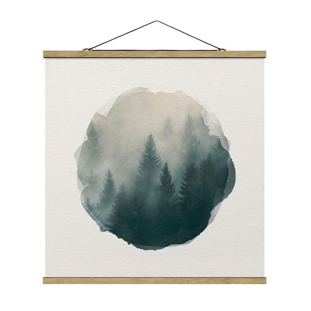 Quadro su tessuto con stecche per poster - Acquarelli - foreste di conifere in caso di nebbia - Quadrato 1:1