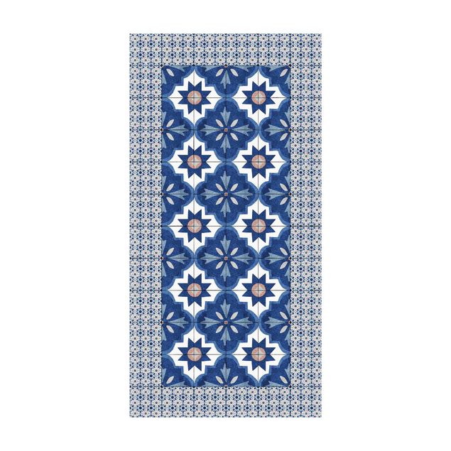 Tapetti blu Piastrelle marocchine acquerello blu con cornice di piastrelle
