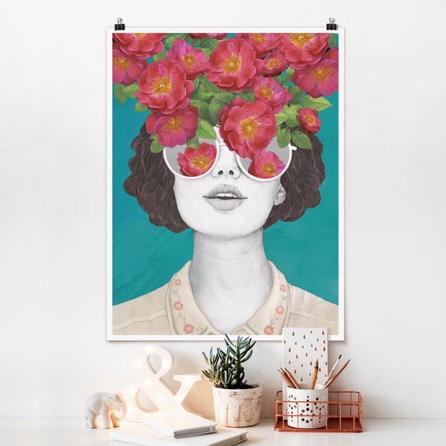 Poster - Illustrazione Collage del ritratto della donna con i fiori Occhiali - Verticale 4:3