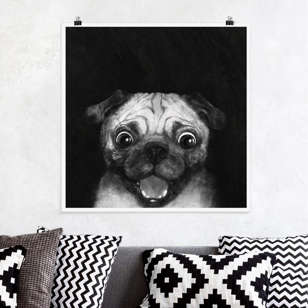 Poster - Illustrazione Pug Dog Pittura Su Bianco e nero - Quadrato 1:1
