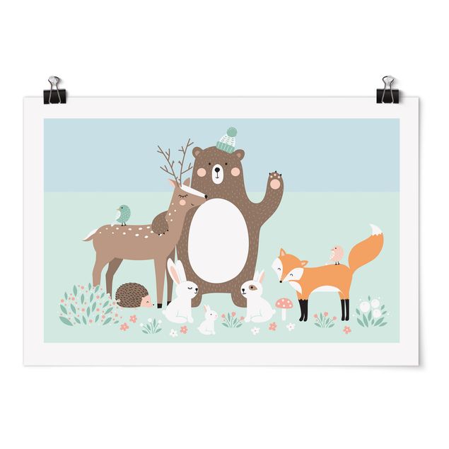 Poster illustrazioni Amici della foresta con animali della foresta blu