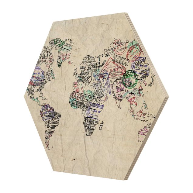 Esagono in legno - Timbro del passaporto Mappa del mondo