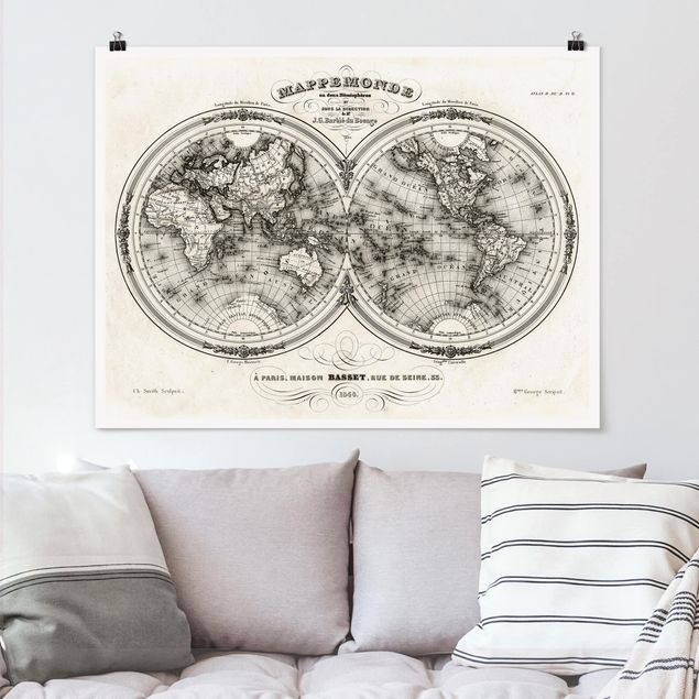 Poster bianco e nero formato orizzontale Mappa del mondo - Mappa francese della regione di Cap del 1848