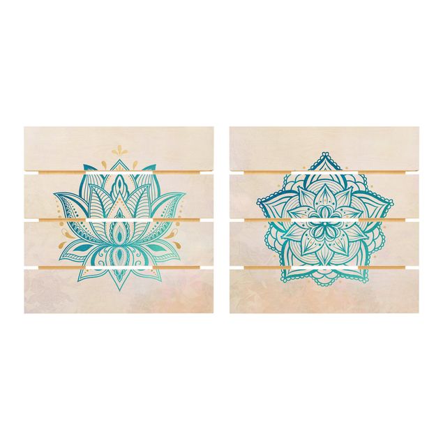 Quadro in legno effetto pallet - Mandala Hamsa mano Lotus Set oro blu - Quadrato 1:1