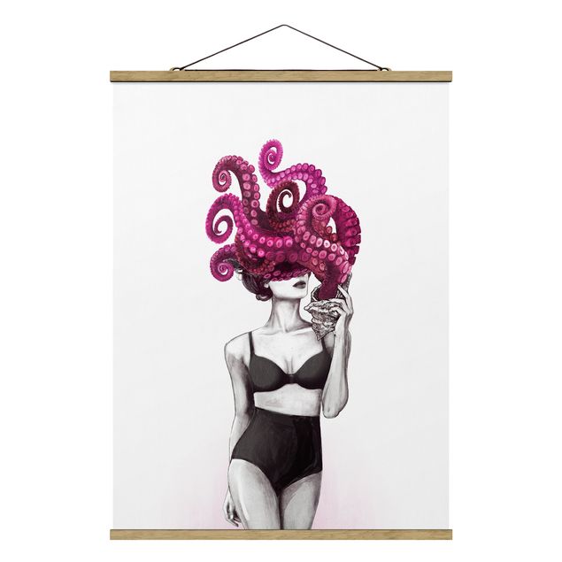 Foto su tessuto da parete con bastone - Laura Graves - Illustrazione Donna In Biancheria Intima Bianco e nero Octopus - Verticale 4:3