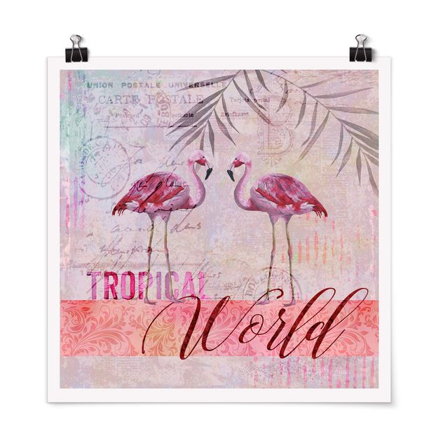 Poster - Vintage Collage - Tropical World Flamingos - Quadrato 1:1