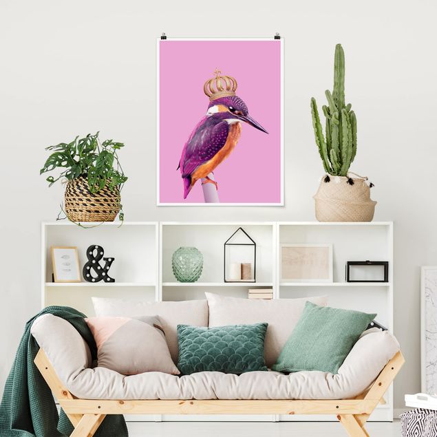 Poster cameretta bambini animali Martin pescatore rosa con corona