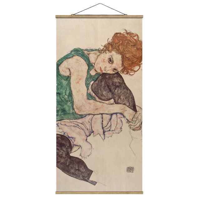 Quadro su tessuto con stecche per poster - Egon Schiele - Donna seduta con un ginocchio Up - Verticale 2:1