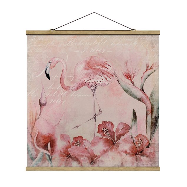 Quadro su tessuto con stecche per poster - Shabby Chic Collage - Flamingo - Quadrato 1:1