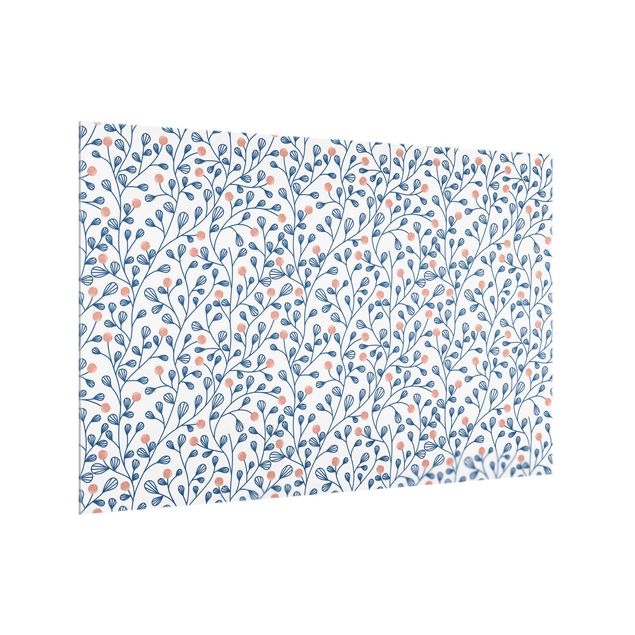 Paraschizzi in vetro - Trama di piante blu con punti in rosa - Formato orizzontale 3:2