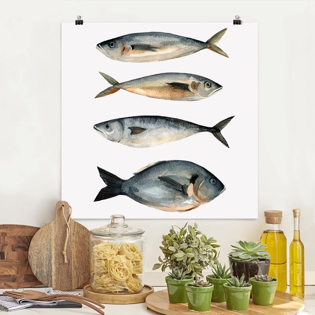 Poster acquerello Quattro pesci nell'acquerello I