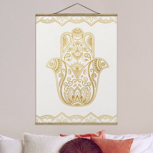 Foto su tessuto da parete con bastone - Hamsa mano Lotus Om illustrazione imposta gold - Verticale 4:3