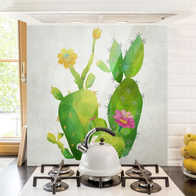 paraschizzi cucina vetro magnetico Famiglia di cactus in rosa e giallo