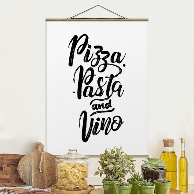 Foto su tessuto da parete con bastone - Pizza pasta e vino - Verticale 4:3