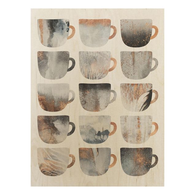 Stampa su legno - Grey tazze di caffè con oro - Verticale 4:3