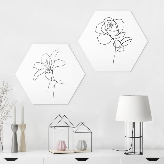 Esagono in forex - Line Art Flowers Nero Set Bianco