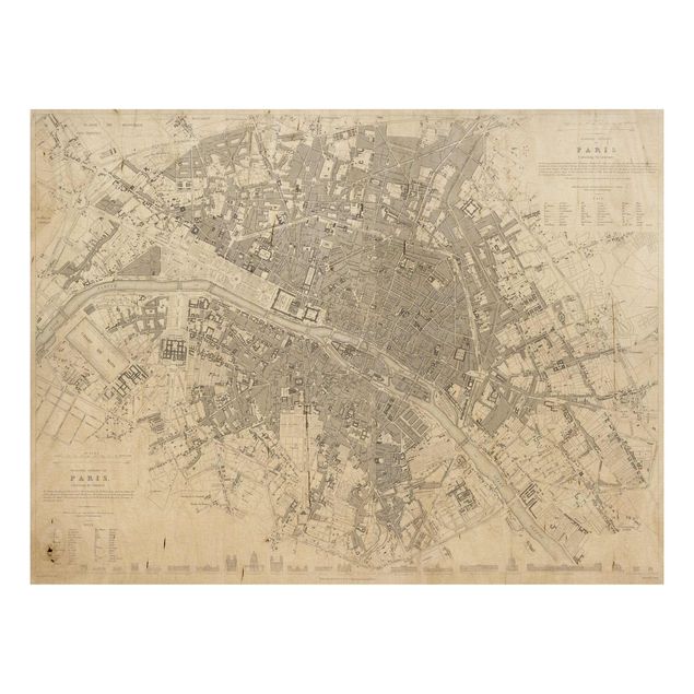 Stampa su legno - Vintage mappa di Parigi - Orizzontale 3:4