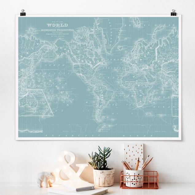 Poster illustrazioni Mappa del mondo in blu ghiaccio